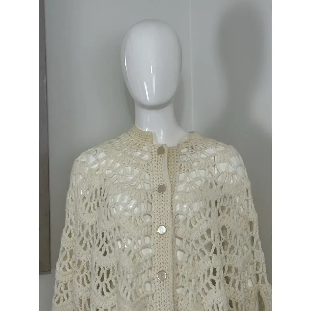 Handmade Crocheted Shawl Sweater Wrap Cape Coverup Ivory Cream Fringe Boho OS